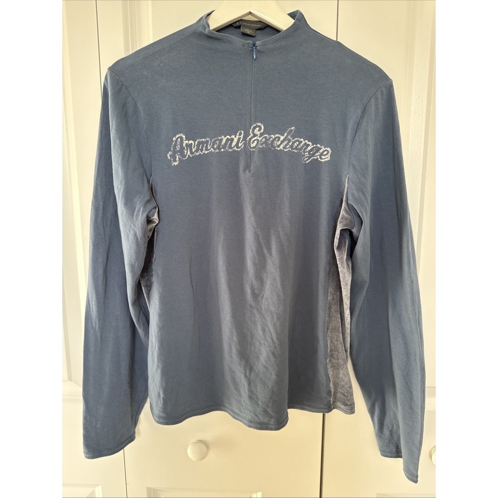 Armani Exchange Blue Half Zip Long Sleeve Top Velvet Accents Size XL